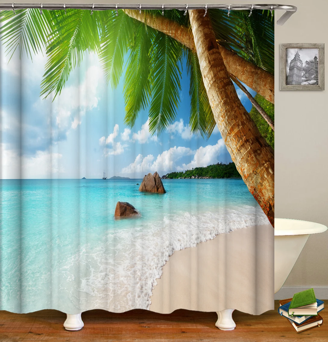 

Sunny beach island polyester shower curtain, digital printing beach wave 3D effect shower curtain/, Customized color