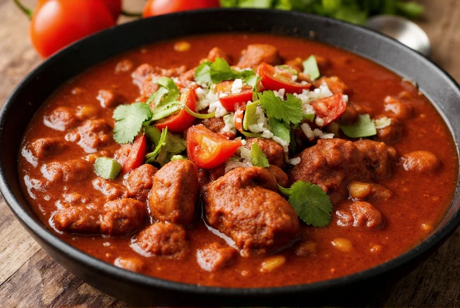 Bowl of rich red chili with stew meat chunks and toppings
