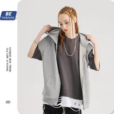 

BE04 High street hip hop anti-wear trendy brand men and women outside with a hooded men's vest
