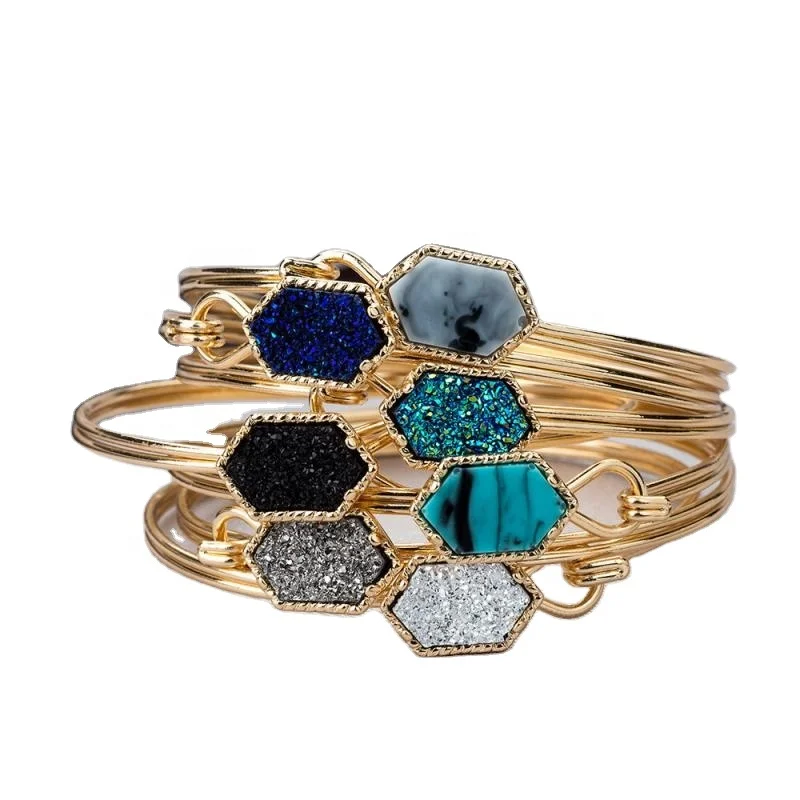 

Fashion Geometric Natural Stone Adjustable Bracelet Charm Crystal Druzy Drusy Gold Silver Color Jewelry For Women Gift