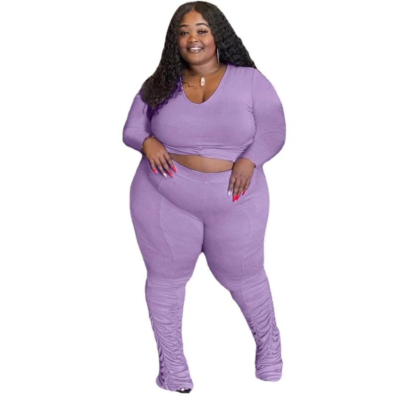 

Casual solid color women two piece set fashion stack pants solid color 2 pieces set lounge wear two piece set, Purple