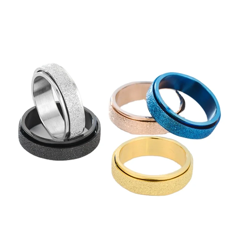 

Wholesale Jewelry Stainless Steel Dainty Adjustable Rotate Spinner Matte Blank Punk Frosted Rings, Picture