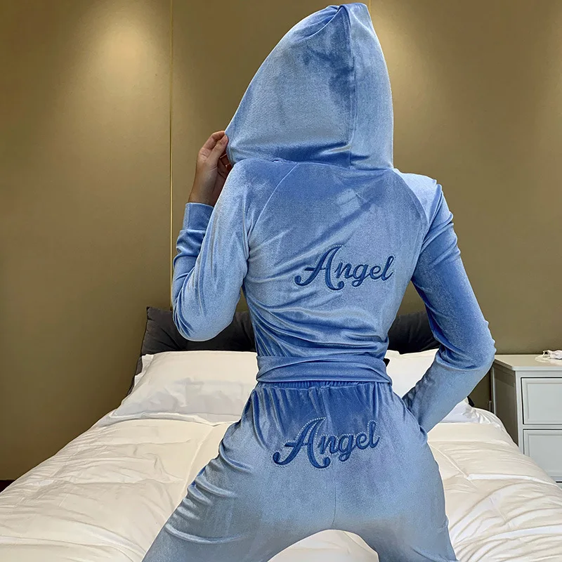 

2020 New Embroidery Hoodie Zipper 2 piece tracksuit set sweatsuit jogging set for women velvet sweatsuit women, Blue