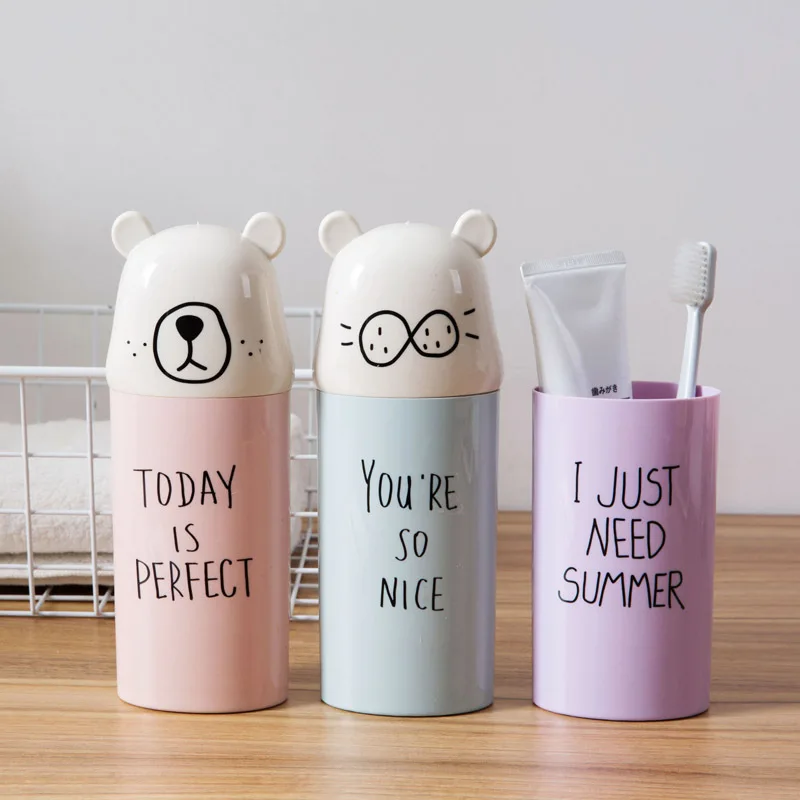 

Portable Cartoon Design Travel Bathroom Cartoon Water Cup Mug with Lid Toothbrush Cup Toothpaste Holder, 3 colors