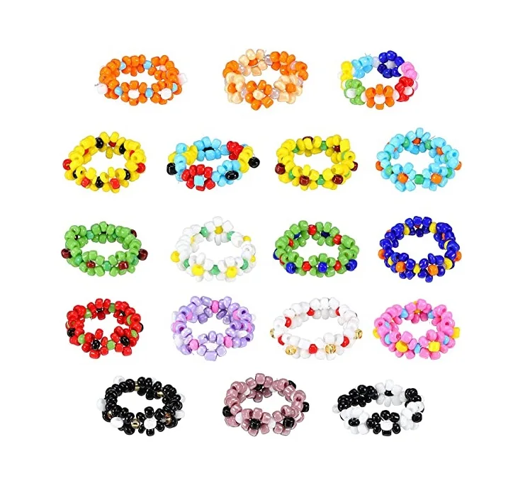 

Elastic Beaded Jewelry Rings Handmade Multi-color Rings Stretch Daisy Flower Bead Rings for Women, As picture shows