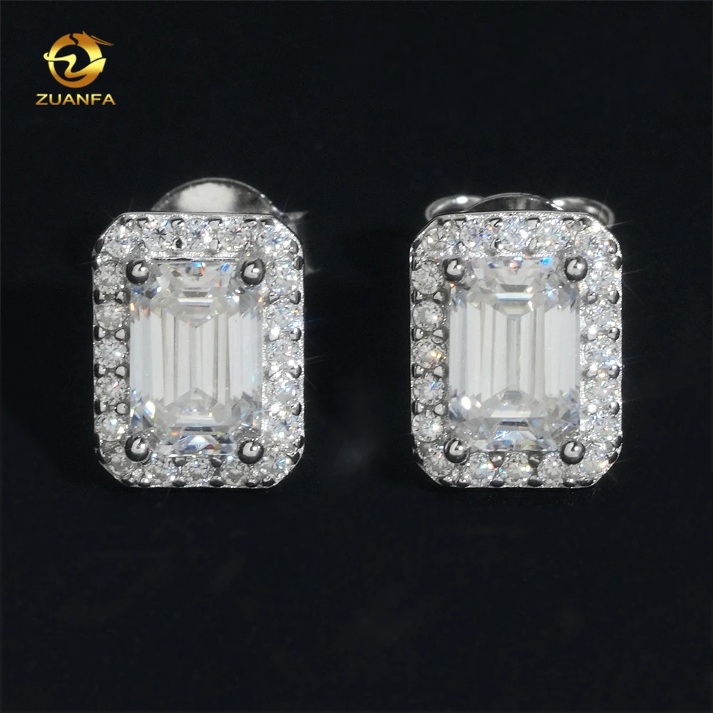 Halo Design Emerald Cut D Color VVS Moissanite Diamond 925 Sterling Silver Stud Earrings