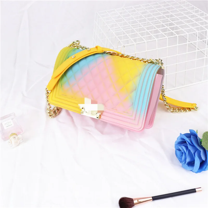 

Trendy Ladies Ombre Colorful Quilted Chain Crossbody Frosted Jelly Pvc Hand Bags, 7 colors as shown