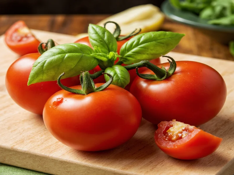 Fresh tomatoes and basil on wooden cutting board