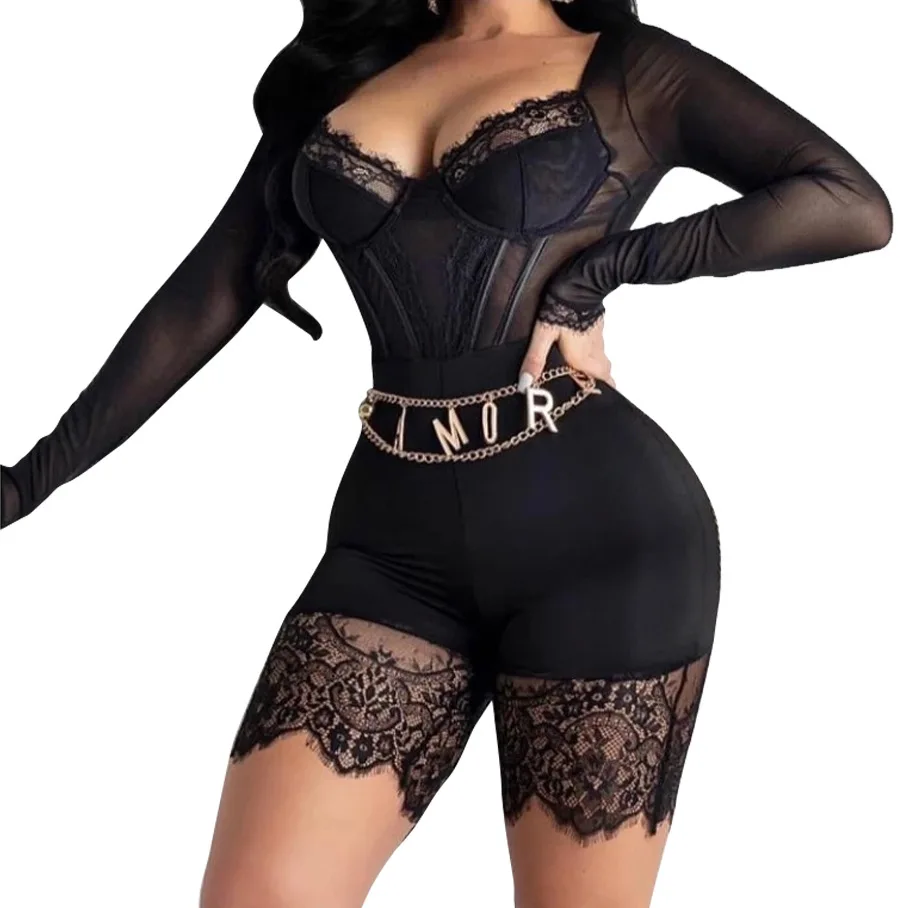 

2021 New Spring long sleeve lace fall winter Backless corset short women bodysuit nightclub wear one piece jumpsuit rompers