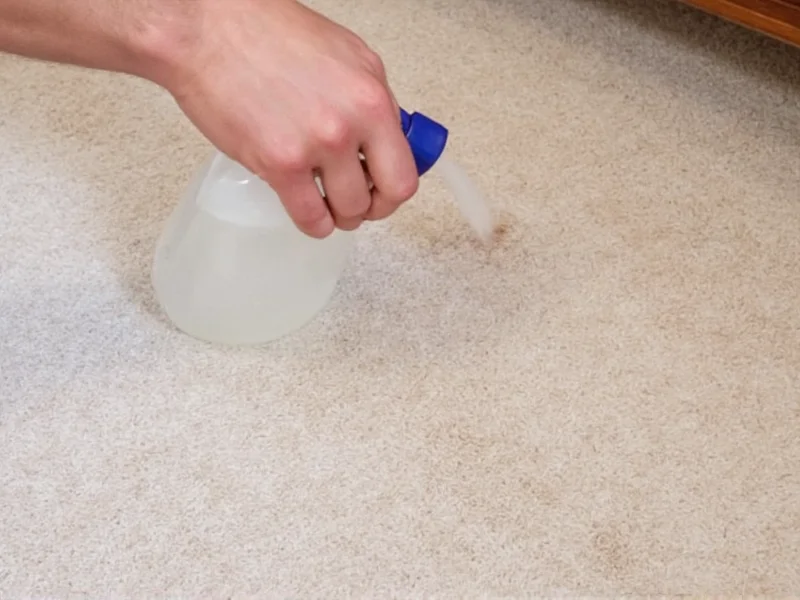 Applying vinegar solution to carpet stain with spray bottle