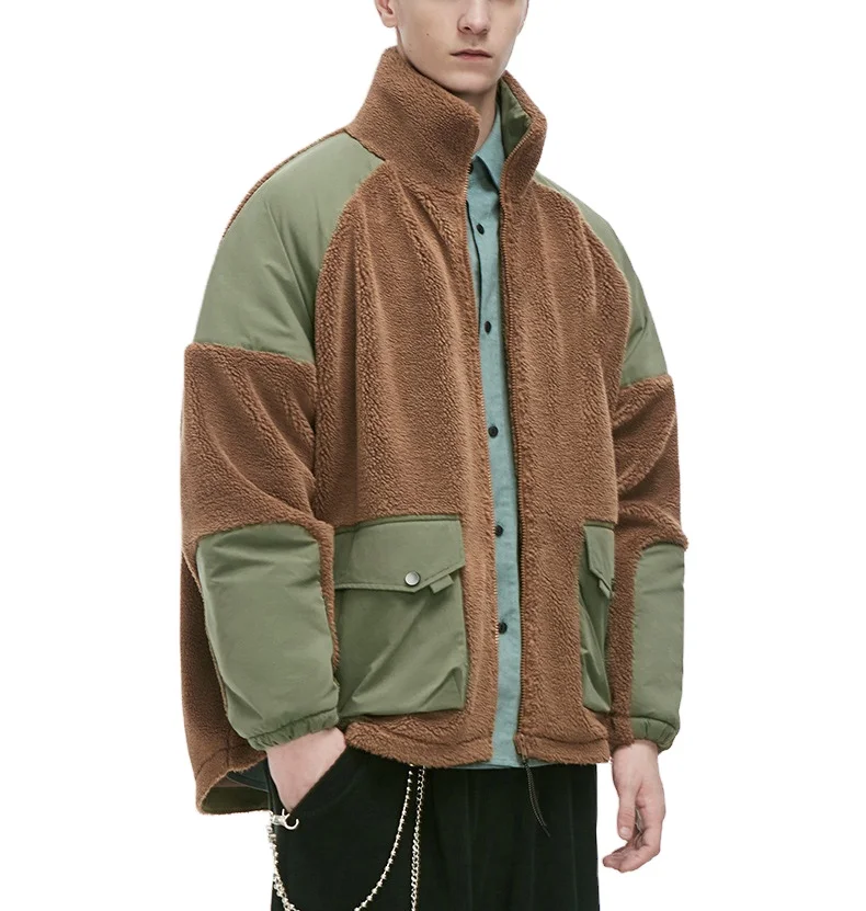 

2020 autumn winter new trendy brand color block pocket fleece jacket men,stand collar lamb wool loose men's jacket