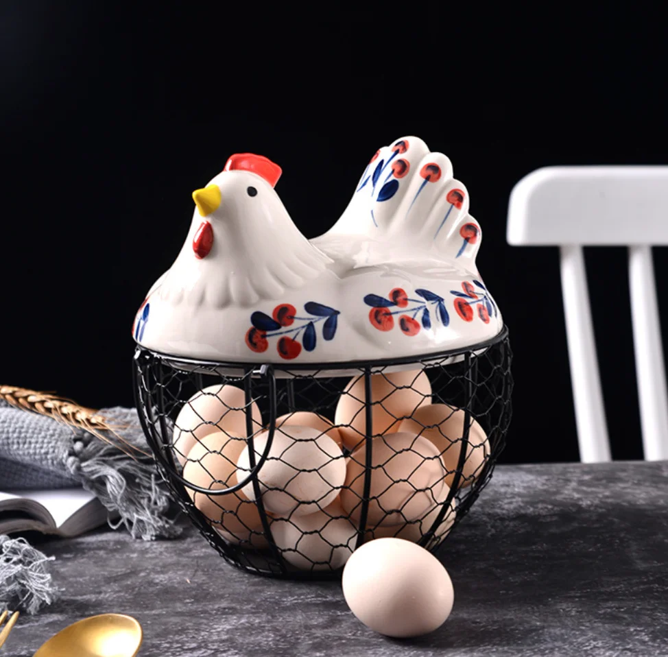 

Creative hand-painted household ceramic kitchen storage basket eggs iron storage hen eggs water fruits and vegetables basket, White