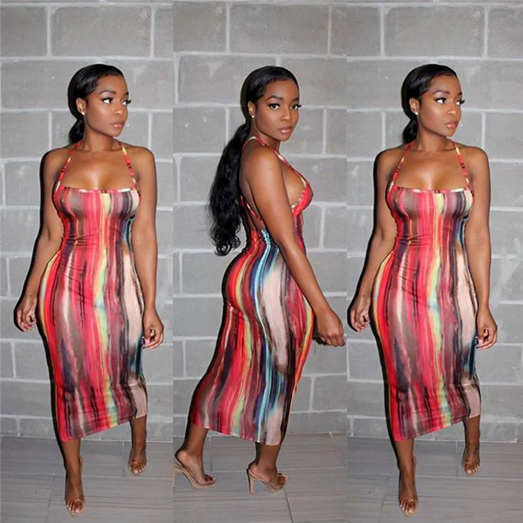 

Miyu 2021 Hot Sale Halter bodycon Ladies Dress Flower Print Tie Dye Backless Long Dresses Sexy Stylish Sundresses For Women