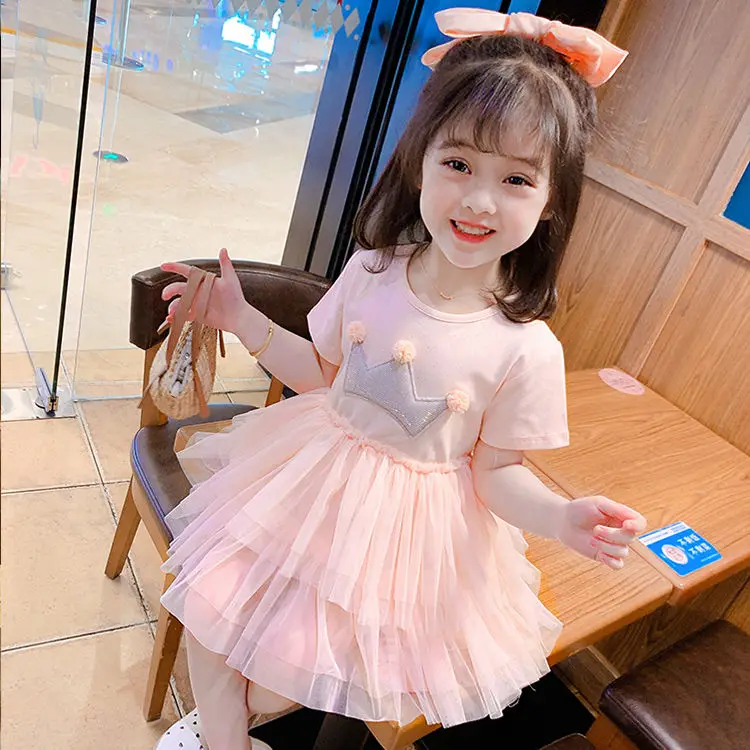 

Custom Design Classy Children's Clothing Fluffy Short Sleeve Baby Girl Princess Pink Lace Dress For Wedding Party, Pink,white