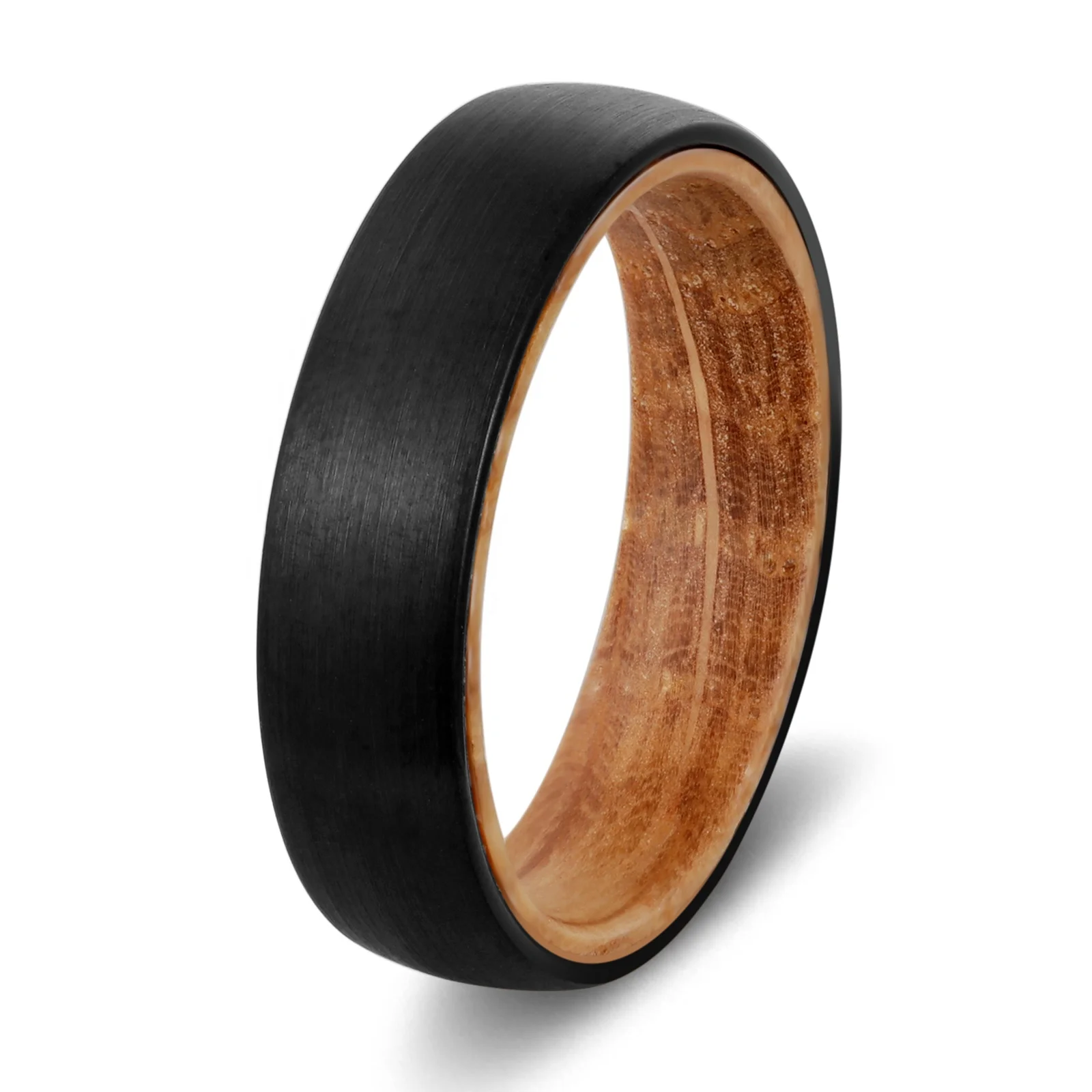 POYA 6mm Classic Whiskey Barrel Wood Liner  Black Tungsten Ring Wedding Band for Men and Women  for Gift and Anniversary