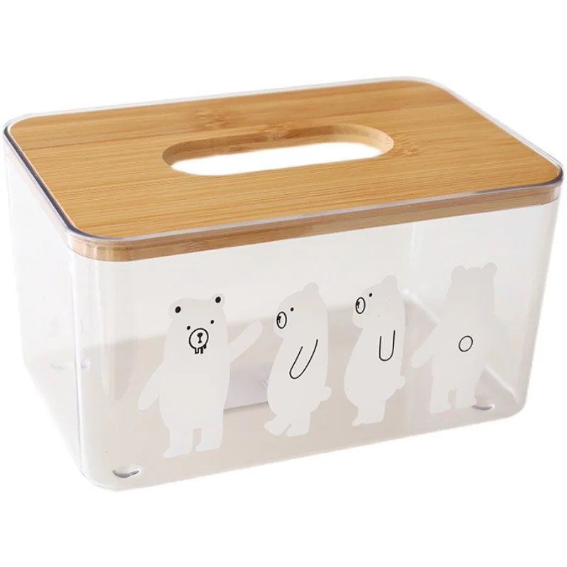 

Cute bear transparent tissue box Nordic minimalist household living room dining room pumping box bamboo wood cover storage box