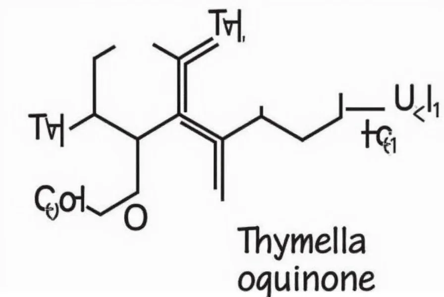 Scientific illustration showing chemical structure of thymoquinone, the primary active compound in black seeds