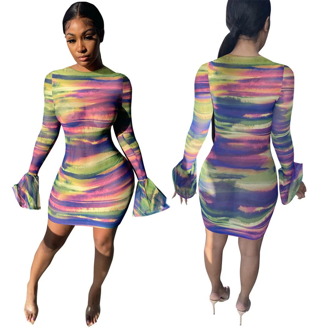 

High quality sexy fashion net gauze print flared sleeve dress