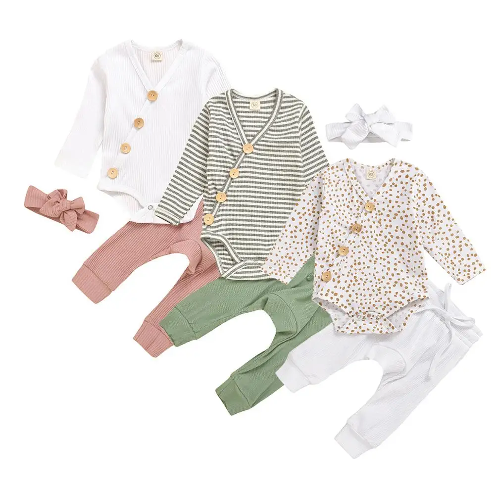 

Newborn Baby Girls 3pcs Clothing Set Cotton Solid Ribbed Kimono Romper Top + Pants + Headband Outfits Clothes Suit, Customized colors