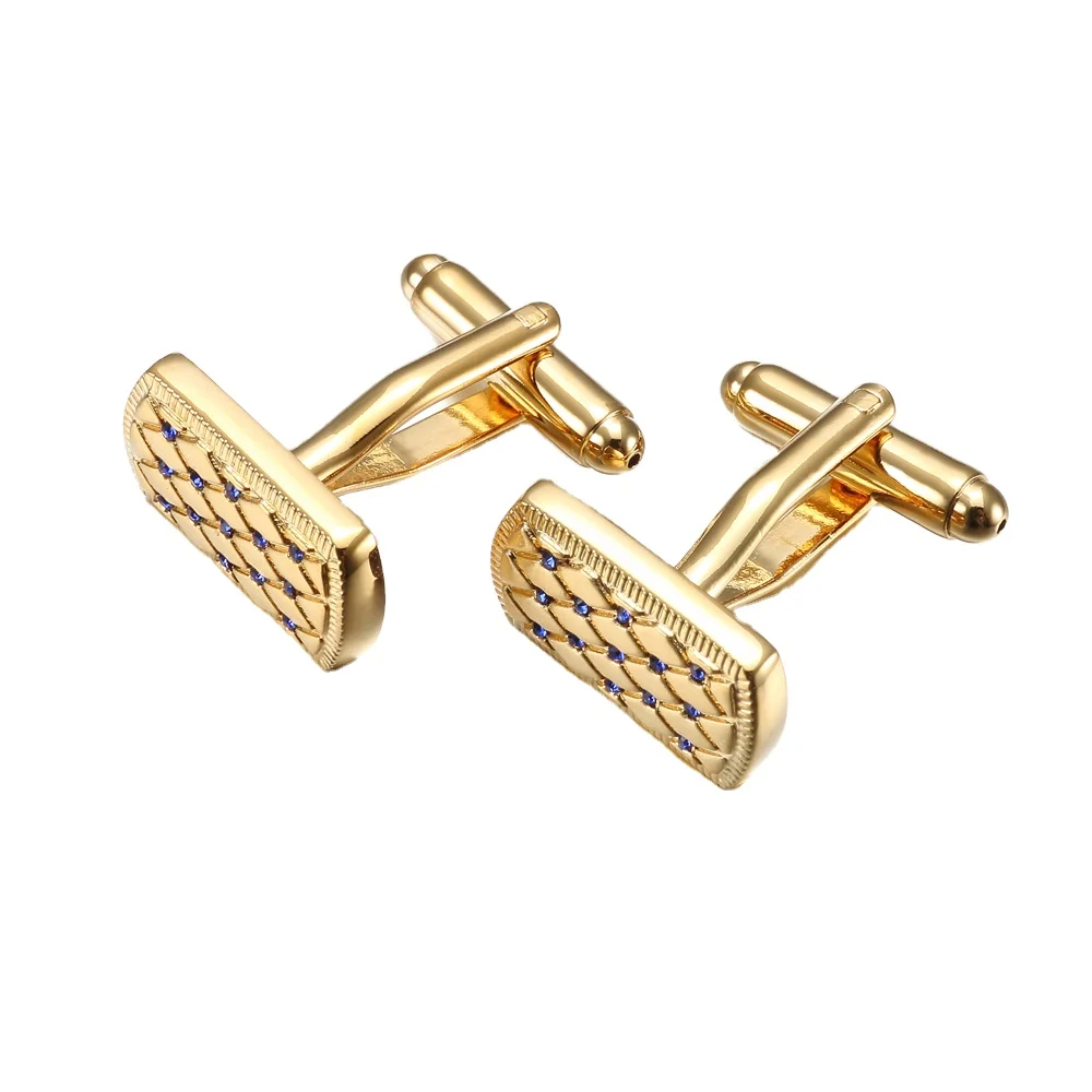 

Hot Sale Real Gold Plated Copper Men's Cufflinks Rhombus White Blue Zircon Cufflinks For France's shirt