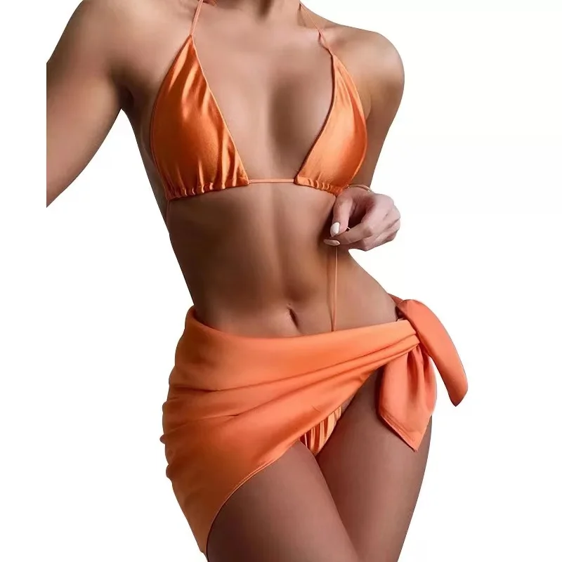 

Bikini Swimsuit Set Women Lace Up Top and Underwear Panty Swimwear Solid Push Up Beach Wear Cover Up 3 Pcs Matching Set, 5color