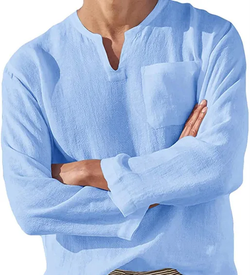 

2021 High Quality Hot Sale Long Sleeve V-neck Casual Beach Flax Men's Shirts
