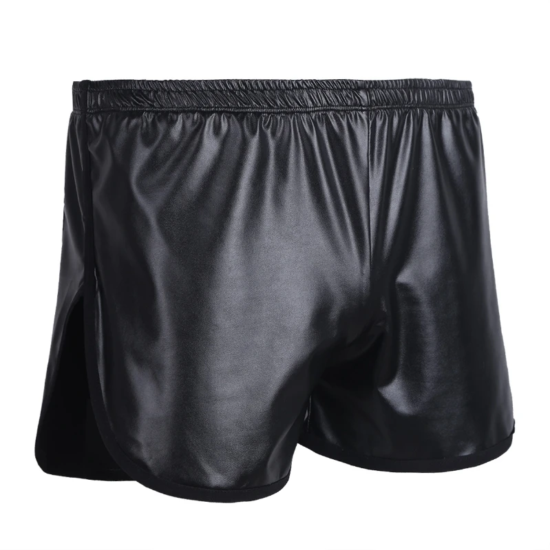 

Custom Loose Faux Leather Boxer Short Pants With a Back Pocket Mens Black Side Split Underpant