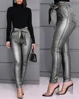 

High Waist Belted Glittering Pants Women Skinny Casual Bow Tie Light bling bling Pencil Pants s m l xl