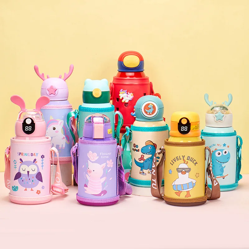 

Creative Cute Sippy Children Intelligent Vacuum Thermos Flask Kids 316 Stainless Steel Smart Water Bottle With Straw And Bag