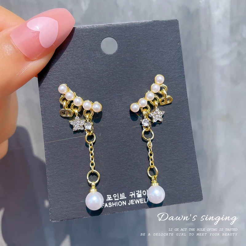 

High Quality Trendy Geometry Silver Needle Piercing Jewelry Diamond Inlay Pentagram Pearl Dangle Earrings For Women
