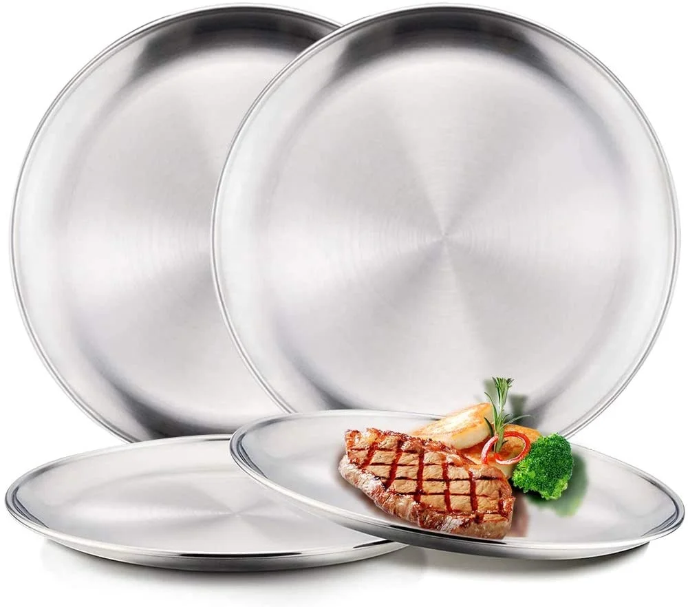 

Stainless Steel Round Plates Matte Polished Shatterproof Dinner Plates, Silver