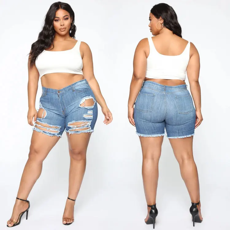 

2XL-5XL Fashion Women Short Denim Jeans Blue High Waist Ripped Skinny Cute Plus Size Short Jeans Pants For Woman