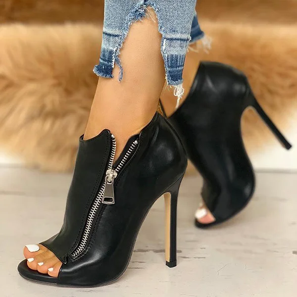 

Elegant Black Round Peep Toe Side Zip High Heel Ladies Ankle Boots Big Size 43 Mature Women Shoes China Factory