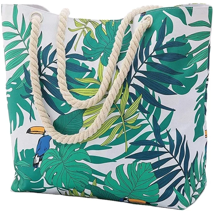 

Factory Green Leaves Canvas Beach Bag Large Capacity Personalized Casual Women Handbag, Customizable