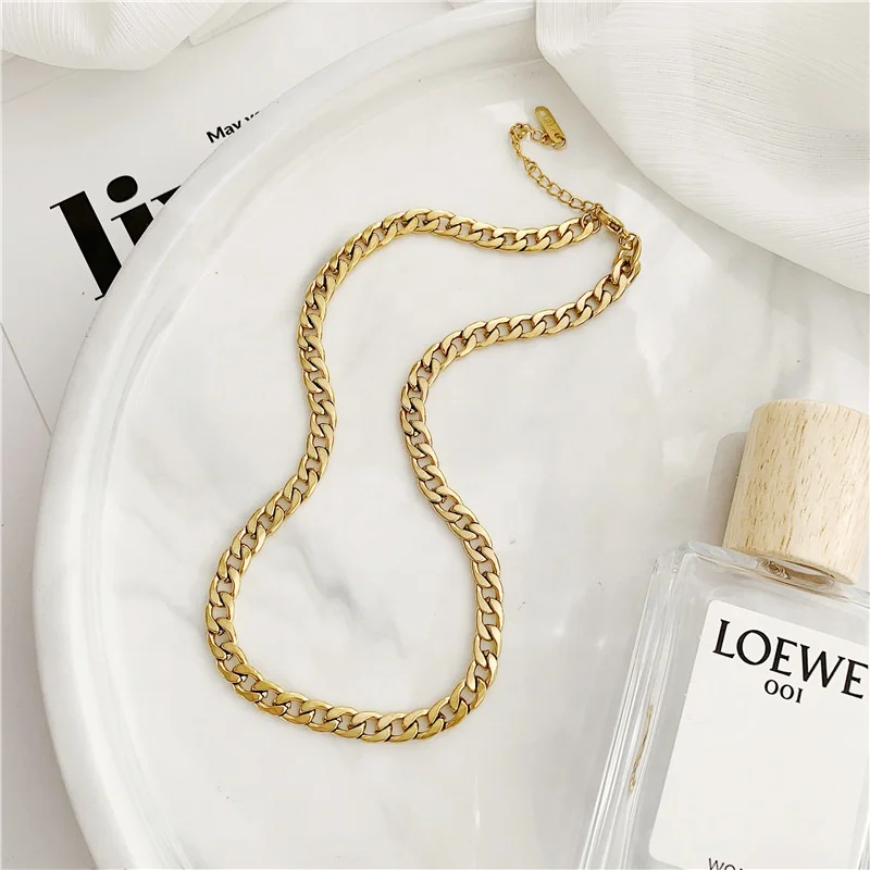 

Trendy Jewelry 5MM Wide 18K Gold Filled Chunky Necklace Stainless Steel Cuban Link Chain Necklace For Women, As the picture