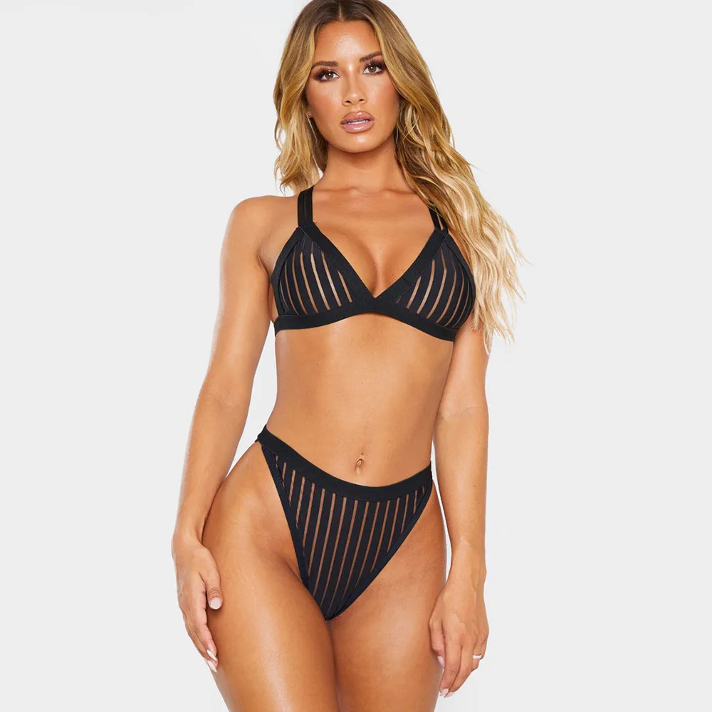 Contrast Patched Bra And Panty Lingerie Sexy Hot Transparent