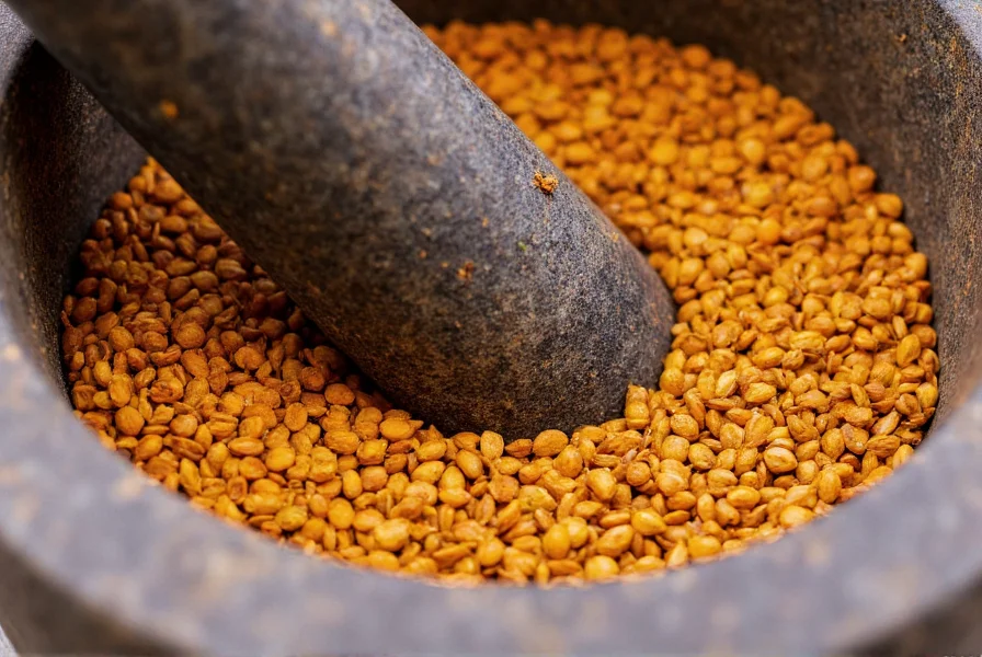 Close-up of golden brown cumin seeds in a mortar with pestle, showing texture and color