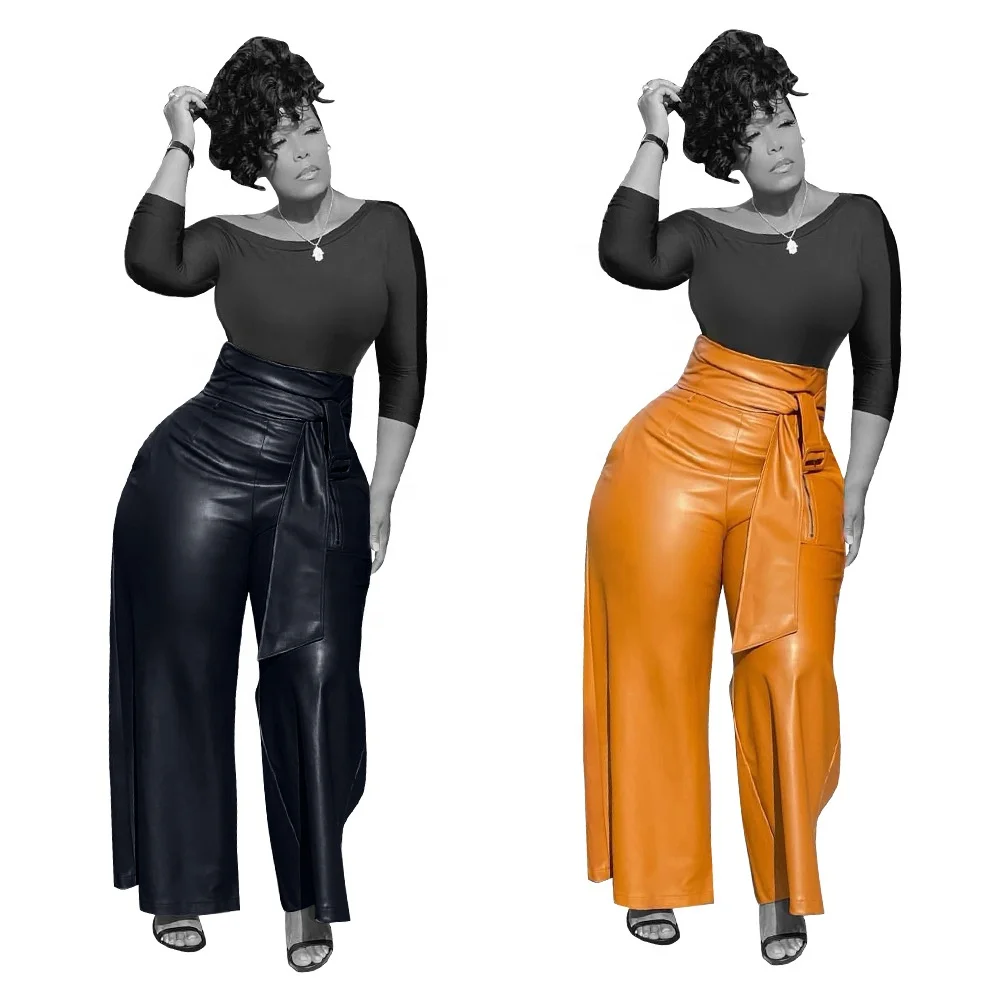 

Women leather wide leg pants autumn winter lady elegant pu leather pants