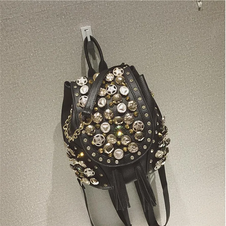 

2021 new chain tassel one-shoulder stylish rivet casual backpack bag, Black