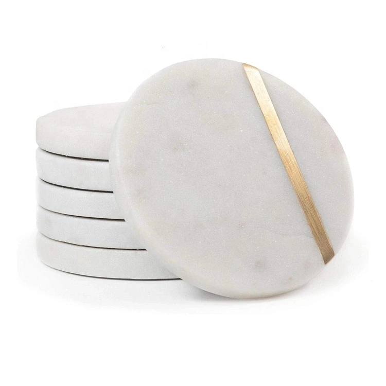 

Luxury handmade round natural marble gold coaster marble brass coaster, White