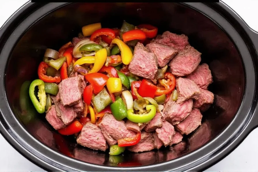 Slow cooker filled with sliced flank steak, colorful bell peppers, and onions before cooking