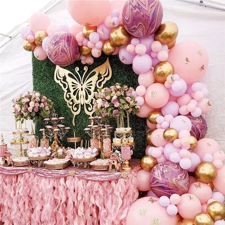 

New pink purple matte balloon arch garland kit chrome metallic glod 4d globos birthday decoration with butterfly for party