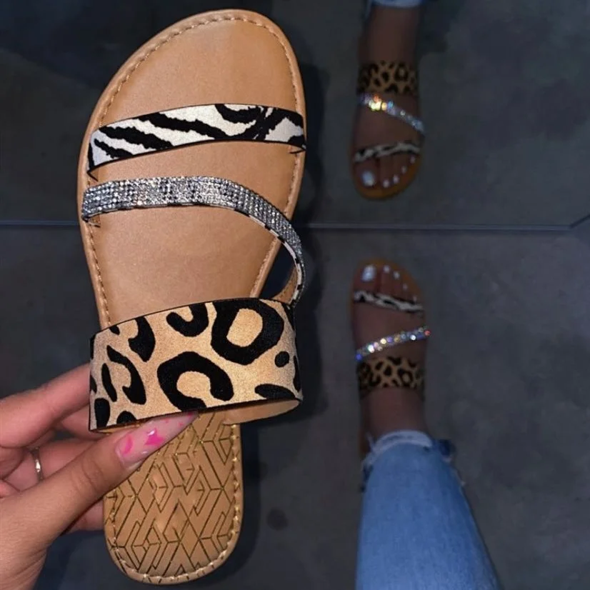 

Flat African Style Slippers Women Outdoor Shoes Sandals Animal Prints Diamonds Slides, Pink leopard