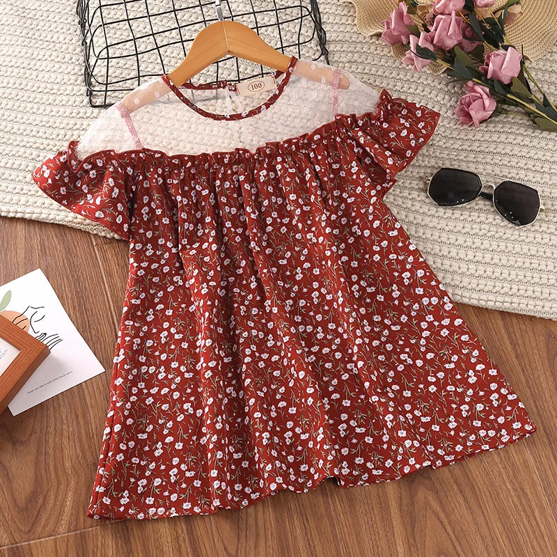 

2022 Summer Kids Clothing Gauze Patchwork Floral Girls Dresses Fashion Short Sleeve Girl Princess Dress, Picture shows