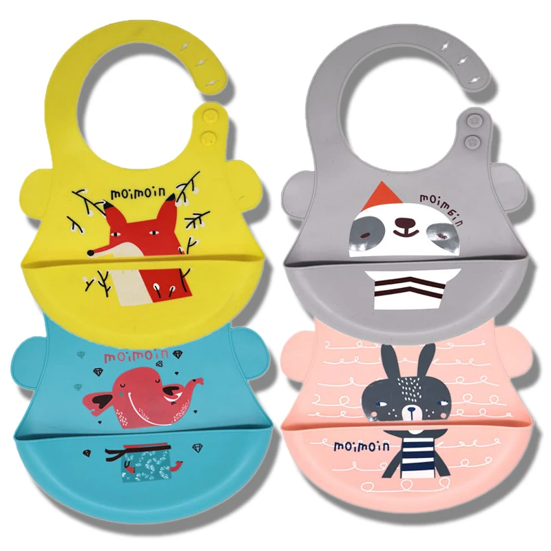 

Wholesale Inventory Packing Washable Double side Drool Waterproof BPA Free Animal Cartoon Baby Silicone Bib, Customized colors