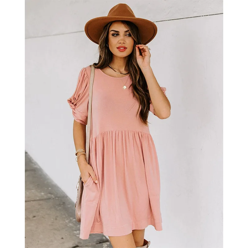 

Fast delivery 2021 new fashion party boho prom solid color pleated midi dress casual evening dress