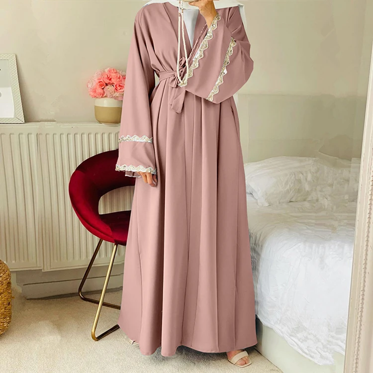 

2021 New Arrival Latest Design Muslim Women Islamic Clothing UK Kaftan Open Lace Kimono Dress Dubai Abaya, 4 colors in stock also accept customized color