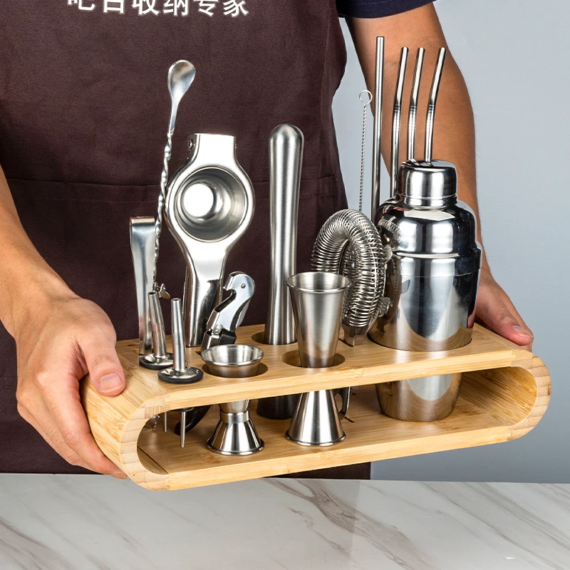 

Professional Barware Tools Wooden Stand Home DIY Cocktail Shaker Making Set, Sliver or customized color