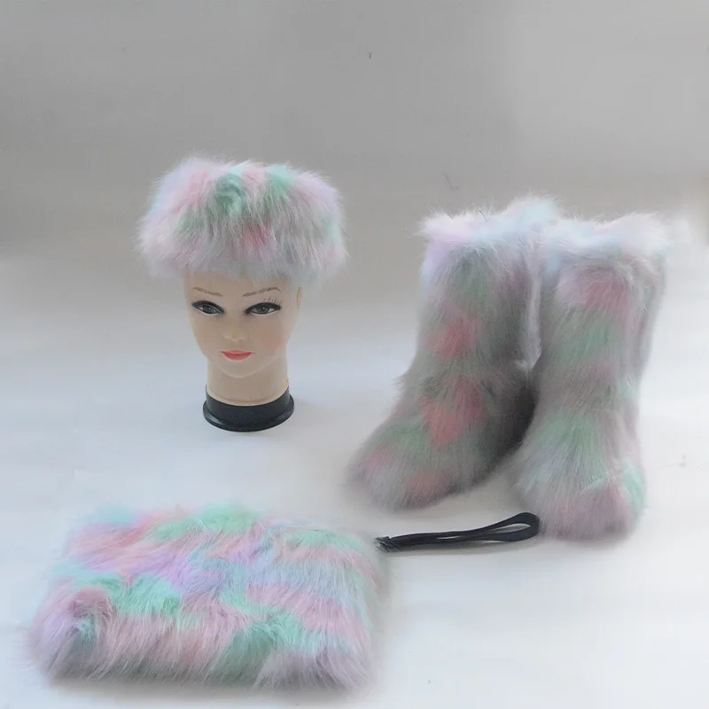 

wholesale fashion women faux fluffy fur women boots with matching purse and headband set, Customized color