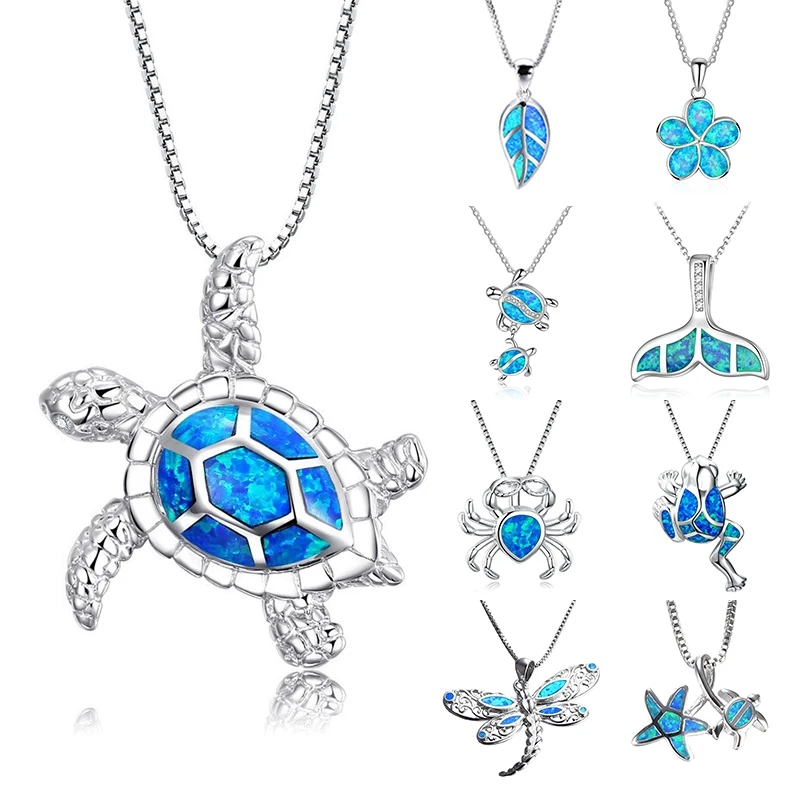

Classical Blue Imitati Opal Sea Turtle Animal Pendant Necklace for Women Female Animal Wedding Ocean Beach Jewelry, As picture